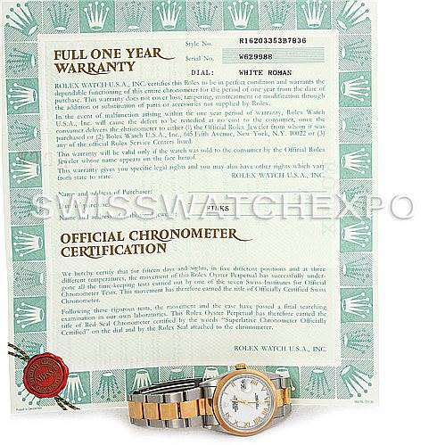The image shows a Rolex Datejust 16203 Men's Steel and Gold (two tone) White Dial 16203 Men's Steel and Gold (two tone) White Dial watch placed on top of its warranty and certification documents.