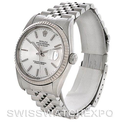 The image shows the front and side of a Rolex Datejust 16234 Men's Stainless Steel Silver Dial 16234 Men's Stainless Steel Silver Dial watch, highlighting its bracelet, face, and bezel.