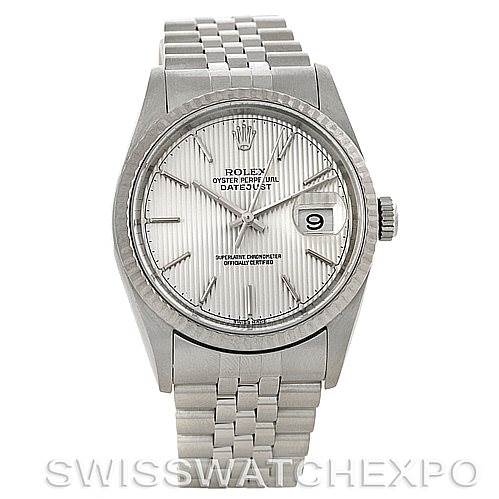 This image shows a front view of a Rolex Datejust 16234 Men's Stainless Steel Silver Dial 16234 Men's Stainless Steel Silver Dial watch, displaying its dial, bezel, case, and bracelet.