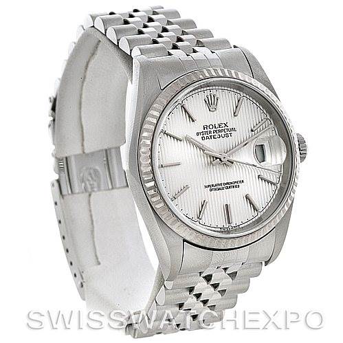 This image shows a Rolex Datejust 16234 Men's Stainless Steel Silver Dial 16234 Men's Stainless Steel Silver Dial watch at a slight angle, displaying the face, bezel, and a portion of the bracelet.