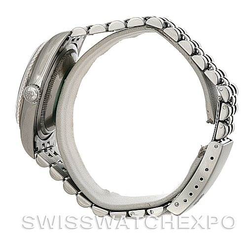 The image shows a side view of a Rolex Datejust 16234 Men's Stainless Steel Silver Dial 16234 Men's Stainless Steel Silver Dial watch, highlighting the case, bezel, and bracelet.