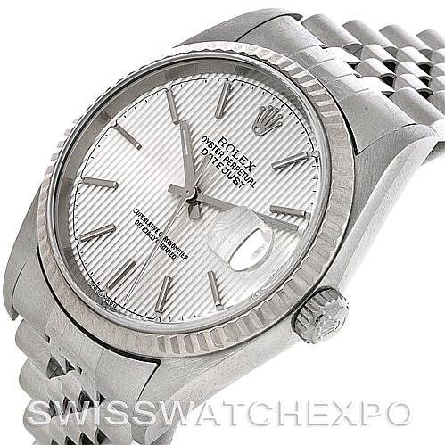 This image shows a close-up angle of the Rolex Datejust 16234 Men's Stainless Steel Silver Dial 16234 Men's Stainless Steel Silver Dial watch, featuring the dial, bezel, crown, and part of the bracelet.