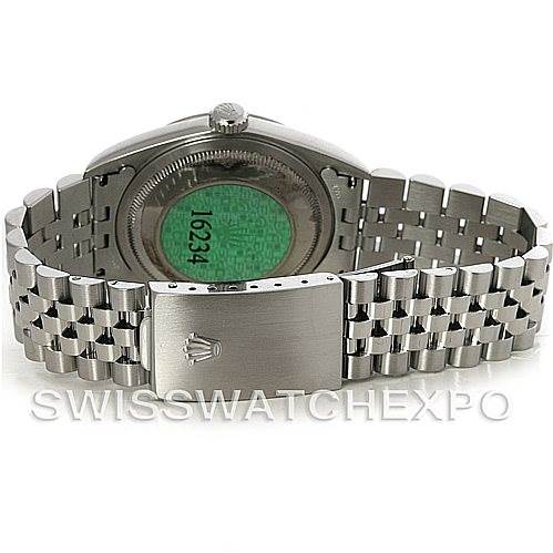 This image shows the back view of a Rolex Datejust 16234 Men's Stainless Steel Silver Dial 16234 Men's Stainless Steel Silver Dial watch, highlighting the case back, crown, and Jubilee bracelet with the clasp closed.