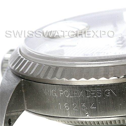 The image shows a close-up side view of a Rolex Datejust 16234 Men's Stainless Steel Silver Dial 16234 Men's Stainless Steel Silver Dial watch, focusing on the bezel and engraved model number "16234".