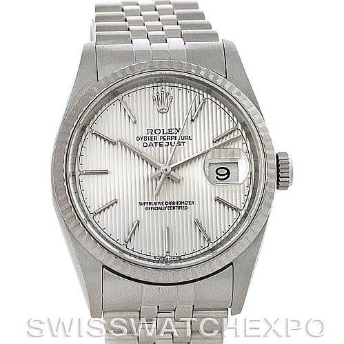 The image shows a front view of a Rolex Datejust 16234 Men's Stainless Steel Silver Dial 16234 Men's Stainless Steel Silver Dial watch, highlighting the dial, bezel, crown, and bracelet.