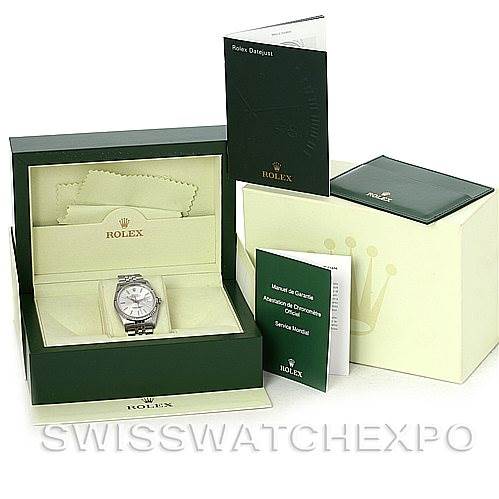The image shows a Rolex Datejust 16234 Men's Stainless Steel Silver Dial 16234 Men's Stainless Steel Silver Dial watch in its green box with the manual and warranty card beside it.