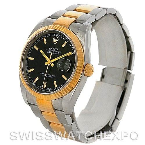The image shows a Rolex Datejust 116233 Men's Stainless Steel Black Dial 116233 Men's Stainless Steel Black Dial watch at an oblique angle, highlighting its black dial, bi-color bracelet, and fluted bezel.
