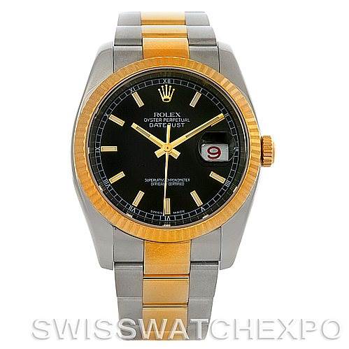 The Rolex Datejust 116233 Men's Stainless Steel Black Dial 116233 Men's Stainless Steel Black Dial watch is shown from a front angle, displaying its black dial, gold bezel, and two-tone bracelet.