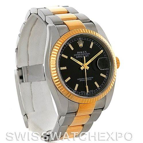 The Rolex Datejust 116233 Men's Stainless Steel Black Dial 116233 Men's Stainless Steel Black Dial watch is shown at a slight left angle, showcasing its black dial, gold bezel, and two-tone bracelet.