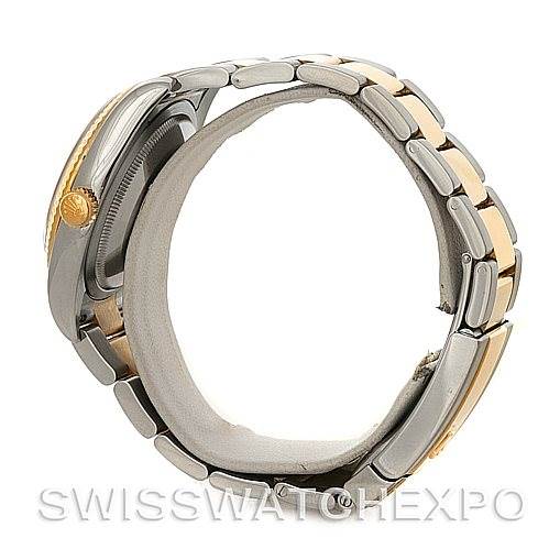 The image shows the side view of a Rolex Datejust 116233 Men's Stainless Steel Black Dial 116233 Men's Stainless Steel Black Dial, highlighting the bezel, crown, and part of the bracelet.