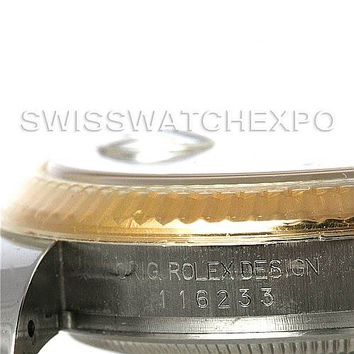 This close-up image shows the side view of the case and bezel of a Rolex Datejust 116233 Men's Stainless Steel Black Dial 116233 Men's Stainless Steel Black Dial model, highlighting the "Rolex Design 116233" engraving.