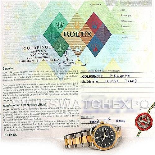 The image shows a Rolex Datejust 116233 Men's Stainless Steel Black Dial 116233 Men's Stainless Steel Black Dial watch with its certificate, visible from the front with a partial view of the band and bezel.