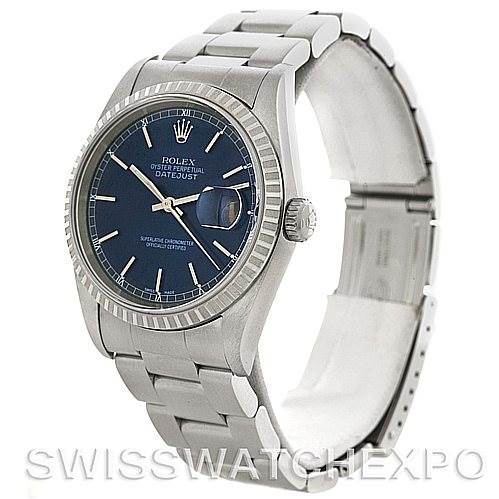 The image shows a Rolex Datejust 16220 Men's Stainless Steel Blue Dial 16220 Men's Stainless Steel Blue Dial watch angled to display the face, bezel, crown, and band.