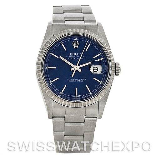 This image shows a frontal view of a Rolex Datejust 16220 Men's Stainless Steel Blue Dial 16220 Men's Stainless Steel Blue Dial watch, displaying its face, bracelet, and crown.