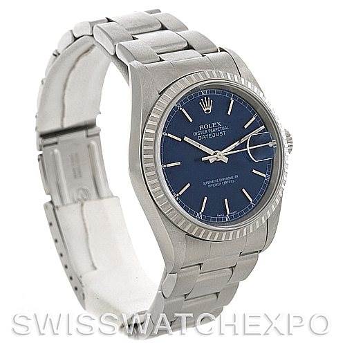 The image shows a Rolex Datejust 16220 Men's Stainless Steel Blue Dial 16220 Men's Stainless Steel Blue Dial watch from a front-side angle, featuring its bracelet, bezel, and blue dial.