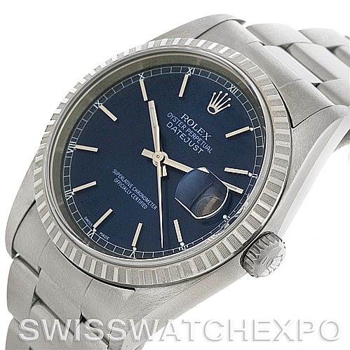 This image shows a Rolex Datejust 16220 Men's Stainless Steel Blue Dial 16220 Men's Stainless Steel Blue Dial watch angled slightly from the front and right side, highlighting its blue dial, bezel, and crown.