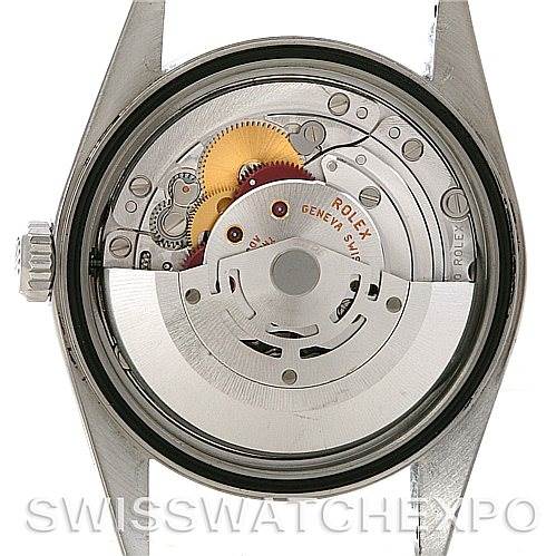 This image shows the movement mechanism of a Rolex Datejust 16220 Men's Stainless Steel Blue Dial 16220 Men's Stainless Steel Blue Dial watch from a back angle with the case back removed.