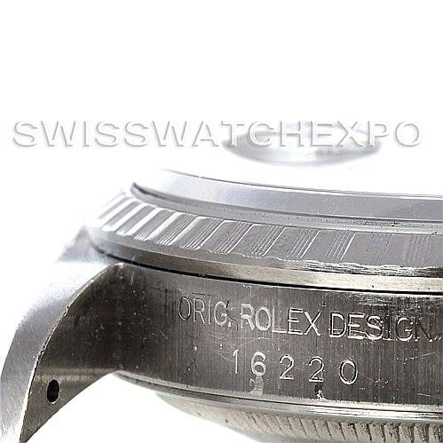 The image shows a close-up of the Rolex Datejust 16220 Men's Stainless Steel Blue Dial 16220 Men's Stainless Steel Blue Dial watch case, focusing on the engraved model number 16220.