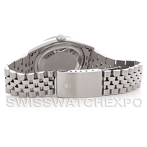 This image shows the back and clasp of a Rolex Datejust 16220 Men's Stainless Steel Blue Dial 16220 Men's Stainless Steel Blue Dial watch, highlighting the Jubilee bracelet and the closed clasp with the Rolex crown logo.