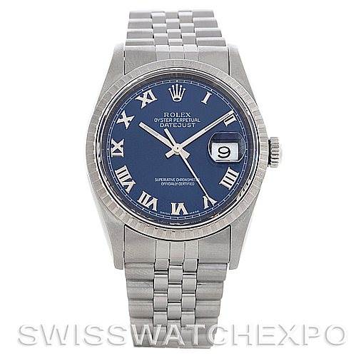 This image shows a Rolex Datejust 16220 Men's Stainless Steel Blue Dial 16220 Men's Stainless Steel Blue Dial watch from the front angle, highlighting its dial, bezel, case, crown, and bracelet.