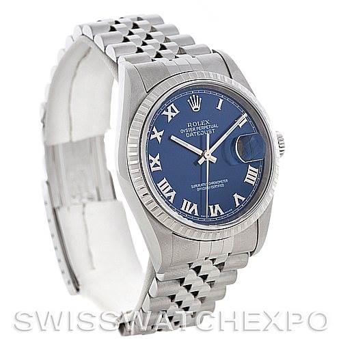 This Rolex Datejust 16220 Men's Stainless Steel Blue Dial 16220 Men's Stainless Steel Blue Dial watch is shown at an angle highlighting the face, fluted bezel, and Jubilee bracelet.