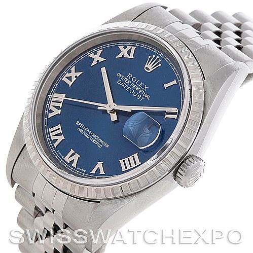 The image shows a Rolex Datejust 16220 Men's Stainless Steel Blue Dial 16220 Men's Stainless Steel Blue Dial watch from an angled top view, highlighting its blue dial, Roman numeral markers, and Jubilee bracelet.