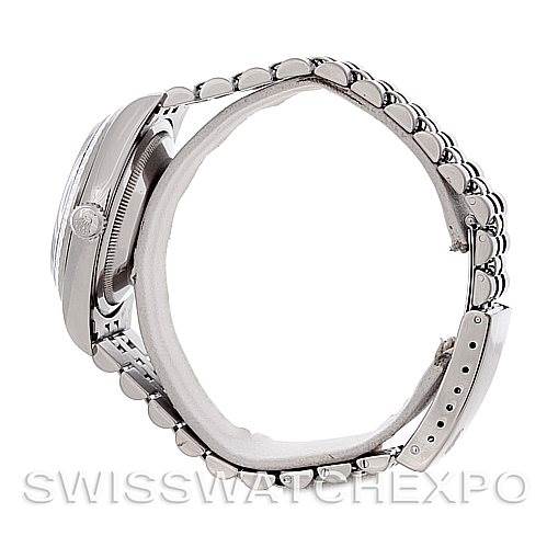 The image shows a side profile of the Rolex Datejust 16220 Men's Stainless Steel Blue Dial 16220 Men's Stainless Steel Blue Dial watch focusing on the case, crown, and bracelet.