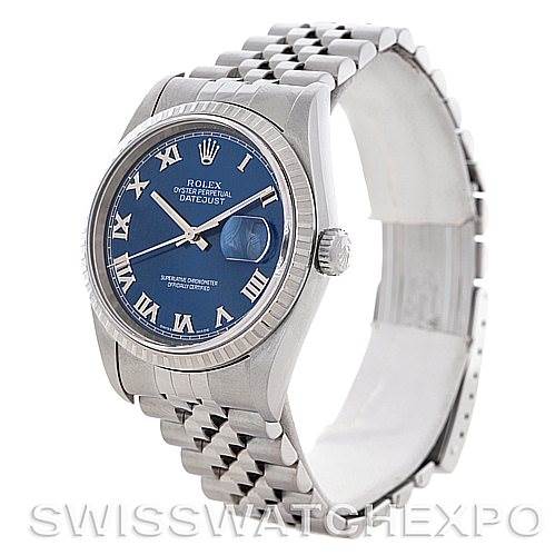 This image shows a Rolex Datejust 16220 Men's Stainless Steel Blue Dial 16220 Men's Stainless Steel Blue Dial watch at a slight angle, highlighting its blue dial, silver case, and Jubilee bracelet.