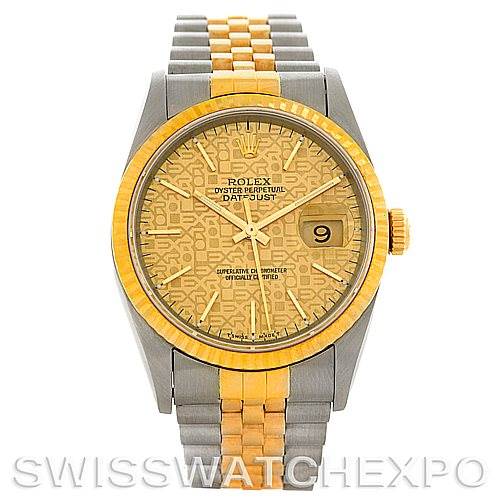 This image shows a front view of a Rolex Datejust 16233 Men's Steel and Gold (two tone) Champagne Dial 16233 Men's Steel and Gold (two tone) Champagne Dial watch, highlighting the dial, bezel, crown, and the two-tone bracelet.