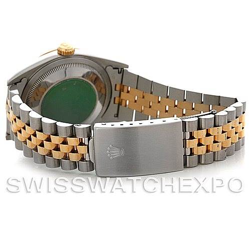 The image shows the back angle of a Rolex Datejust 16233 Men's Steel and Gold (two tone) Champagne Dial 16233 Men's Steel and Gold (two tone) Champagne Dial, displaying its two-tone Jubilee bracelet and clasp.