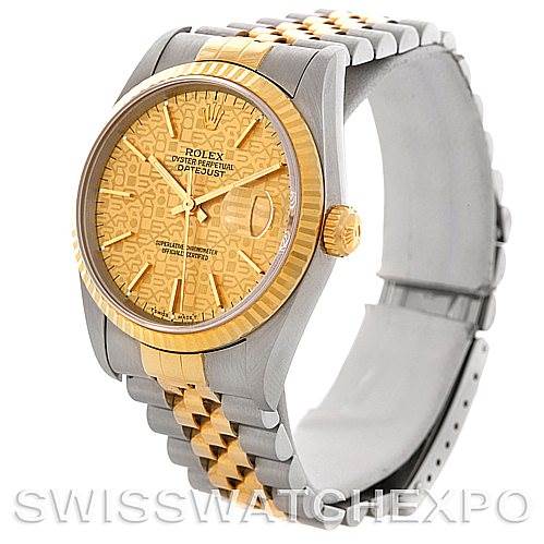 This Rolex Datejust 16233 Men's Steel and Gold (two tone) Champagne Dial 16233 Men's Steel and Gold (two tone) Champagne Dial watch is shown at a three-quarter angle, highlighting its two-tone bracelet, bezel, and patterned dial.