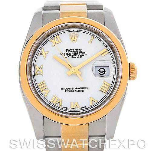 This image shows a front view of a Rolex Datejust 116203 Men's Stainless Steel White Dial 116203 Men's Stainless Steel White Dial watch, featuring a two-tone metal bracelet and a white dial with gold Roman numeral markers.
