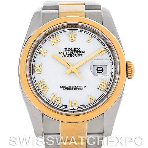 This image shows a front view of a Rolex Datejust watch, featuring a two-tone metal bracelet and a white dial with gold Roman numeral markers.