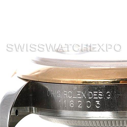 This image shows a close-up side view of the bezel and case of a Rolex Datejust 116203 Men's Stainless Steel White Dial 116203 Men's Stainless Steel White Dial, highlighting the engraved model number 116203.
