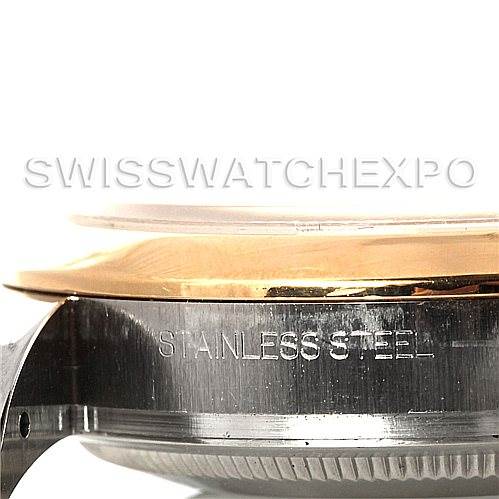 This image shows a close-up side view of the case of a Rolex Datejust 116203 Men's Stainless Steel White Dial 116203 Men's Stainless Steel White Dial, highlighting the "Stainless Steel" engraving.