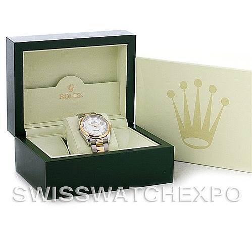 The image shows a Rolex Datejust 116203 Men's Stainless Steel White Dial 116203 Men's Stainless Steel White Dial watch displayed in its open green box, accompanied by a Rolex-branded card or booklet.