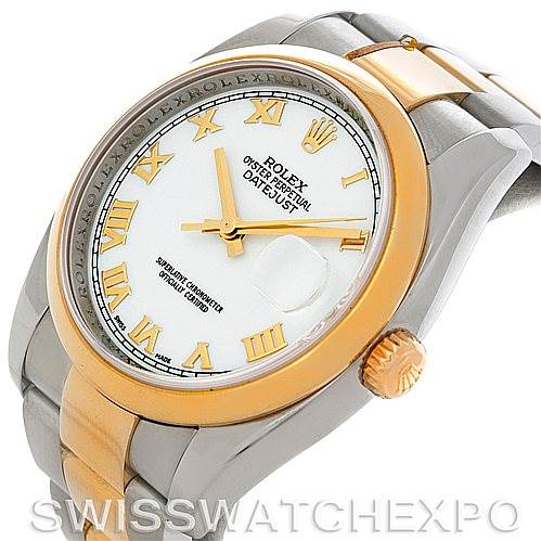 The image shows a Rolex Datejust 116203 Men's Stainless Steel White Dial 116203 Men's Stainless Steel White Dial watch at a slight angle, displaying the face, crown, and part of the bracelet.