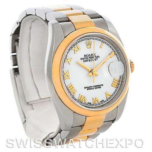 The image shows a Rolex Datejust 116203 Men's Stainless Steel White Dial 116203 Men's Stainless Steel White Dial watch from a side angle, highlighting its two-tone bracelet, dial, and bezel.