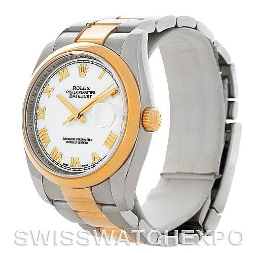 This is a Rolex Datejust 116203 Men's Stainless Steel White Dial 116203 Men's Stainless Steel White Dial watch shown at a three-quarter angle, highlighting its face, bezel, and part of the bracelet.