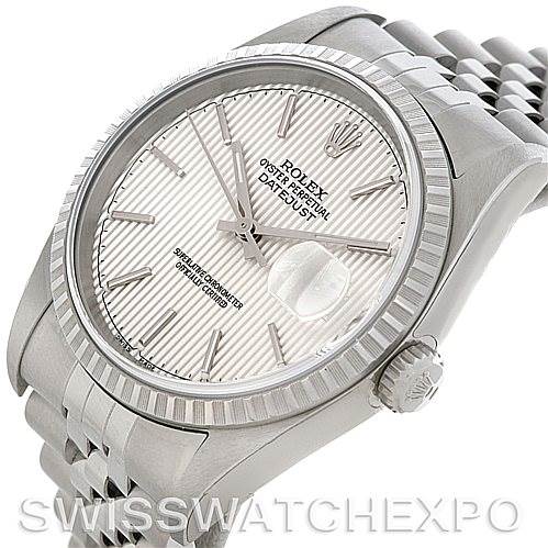 This image shows the Rolex Datejust 16220 Men's Stainless Steel Silver Dial 16220 Men's Stainless Steel Silver Dial watch from an angled top-down view, highlighting its dial, bezel, and bracelet.