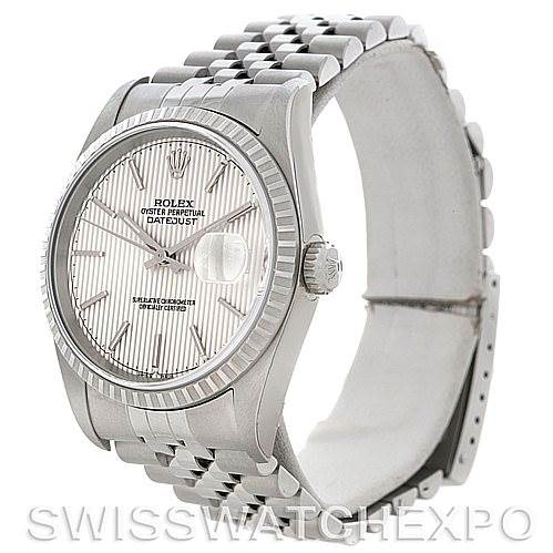 This image shows a Rolex Datejust 16220 Men's Stainless Steel Silver Dial 16220 Men's Stainless Steel Silver Dial watch at a slight left angle, highlighting the face, bezel, and bracelet.