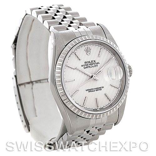 This image shows a Rolex Datejust 16220 Men's Stainless Steel Silver Dial 16220 Men's Stainless Steel Silver Dial watch from a side angle, displaying the face, bezel, bracelet, and partially opened clasp.
