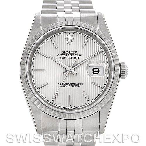 The image shows a Rolex Datejust 16220 Men's Stainless Steel Silver Dial 16220 Men's Stainless Steel Silver Dial watch from a front angle, displaying its face, bezel, markers, date window, and bracelet.