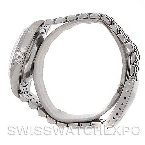 This image shows a side view of a Rolex Datejust 16220 Men's Stainless Steel Silver Dial 16220 Men's Stainless Steel Silver Dial watch, highlighting the bracelet, case, and crown.