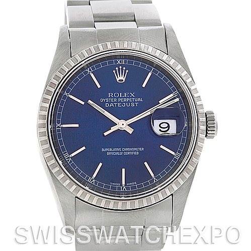 The image shows a frontal view of a Rolex Datejust 16220 Men's Stainless Steel Blue Dial 16220 Men's Stainless Steel Blue Dial watch with a blue dial and stainless steel bracelet.