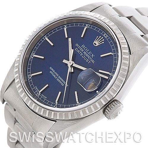 The image shows a Rolex Datejust 16220 Men's Stainless Steel Blue Dial 16220 Men's Stainless Steel Blue Dial watch at a slight angle, highlighting its blue dial, fluted bezel, and part of the bracelet.