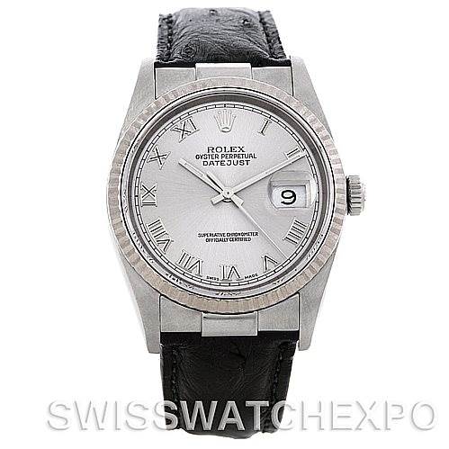 This image shows a front view of a Rolex Datejust 16234 Men's Stainless Steel Silver Dial 16234 Men's Stainless Steel Silver Dial watch, highlighting its dial, bezel, crown, and leather strap.