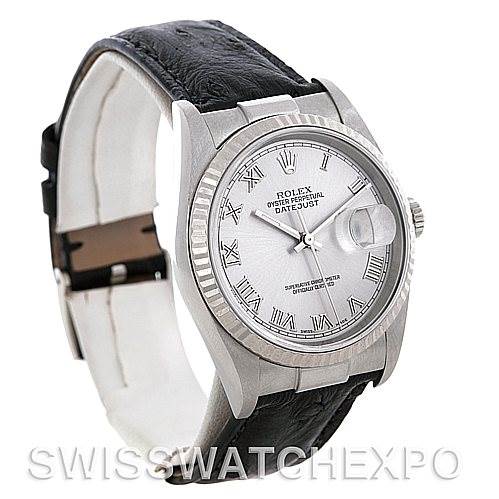 The Rolex Datejust 16234 Men's Stainless Steel Silver Dial 16234 Men's Stainless Steel Silver Dial watch is shown from an angled view, showcasing the dial, bezel, crown, and leather strap.