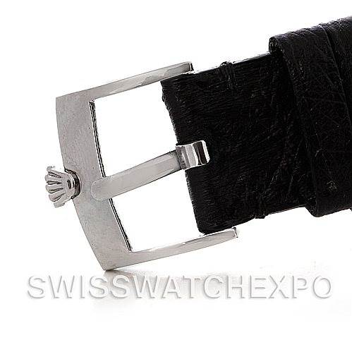 The image shows a close-up side view of the black leather strap and clasp from a Rolex Datejust 16234 Men's Stainless Steel Silver Dial 16234 Men's Stainless Steel Silver Dial watch with the Rolex crown logo on the buckle.