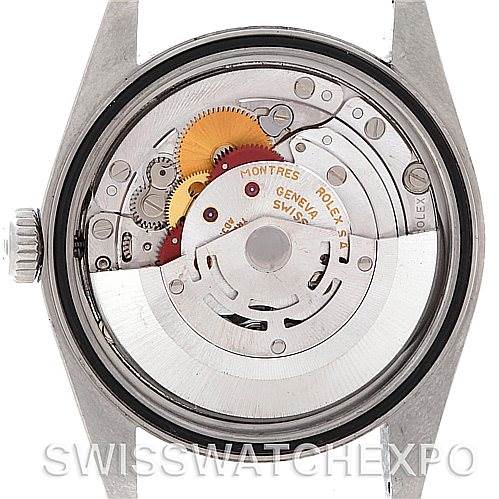 This image shows the back view of the Rolex Datejust 16234 Men's Stainless Steel Silver Dial 16234 Men's Stainless Steel Silver Dial watch case, exposing its internal mechanical components.